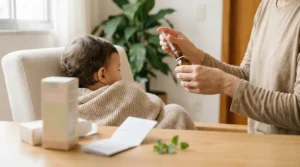 Mãe preparando uma dose de antialérgico com seringa dosadora para um bebê pequeno, ilustrando a idade segura para antialérgico em criança