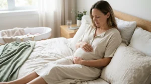 Corpo pós-parto — mãos repousando suavemente sobre a barriga com luz natural suave (imagem gerada por IA)