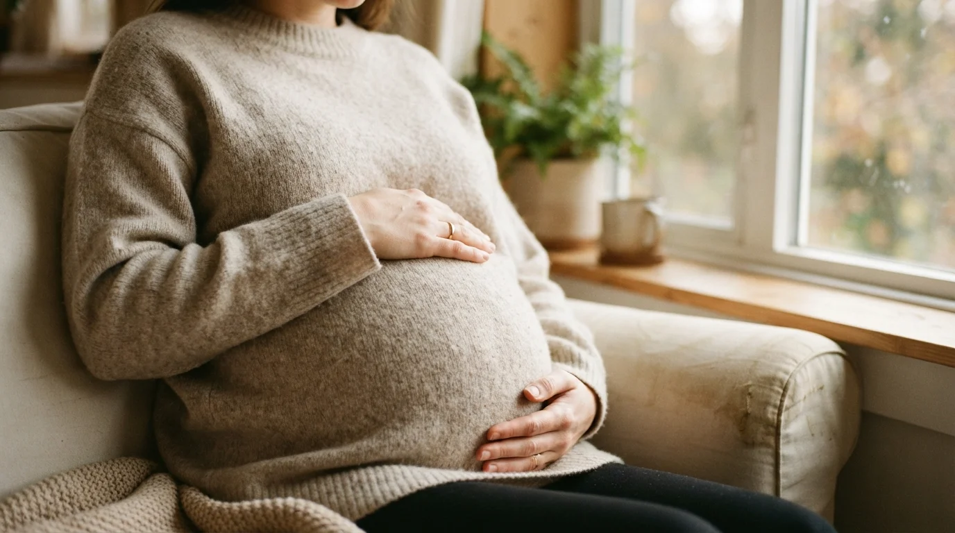 Mãos de gestante apoiadas na barriga, luz natural suave (imagem gerada por IA)