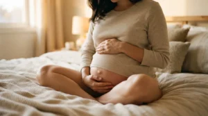 Gestante segurando a barriga com as duas mãos, luz suave (imagem gerada por IA)