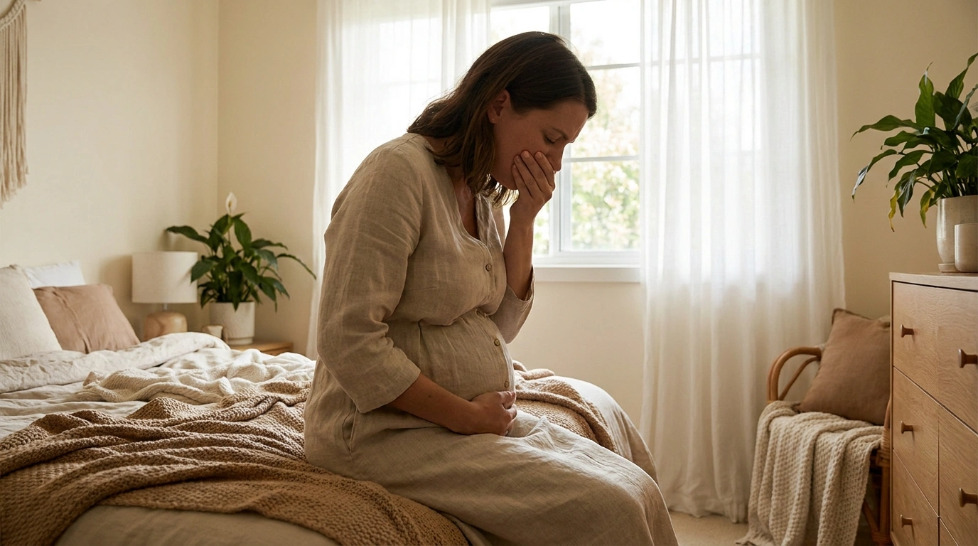 Gestante sentada na cama, mão na boca em gesto de náusea e outra mão na barriga, luz natural da manhã (imagem gerada por IA)