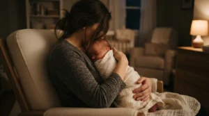 Mãe embalando o bebê à noite em quarto com luz suave (imagem gerada por IA)