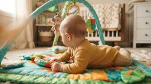 Bebê de bruços em tapete colorido, praticando tummy time (imagem gerada por IA)